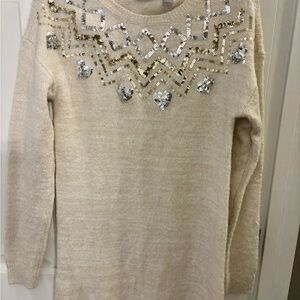 Girls Sequin Embellished Cream Sweater Dress